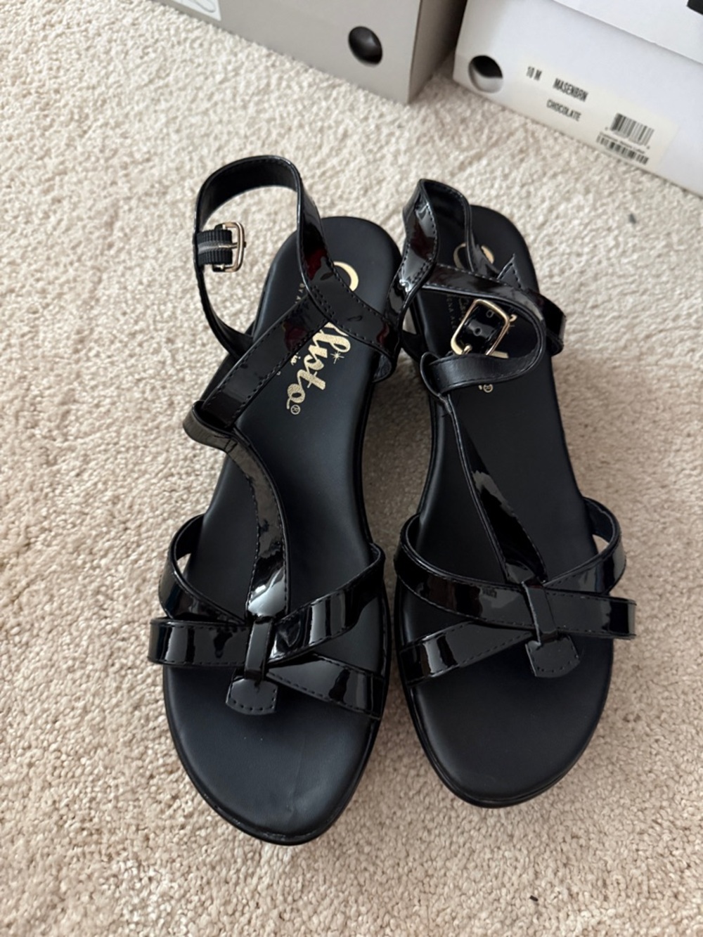 Callisto Black Patent Strappy Ankle-Buckle Sandals
